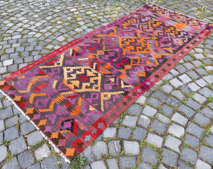 Vintage kilim, Turkish kilim, Handmade kilim, Wool kilim, Bohemian rug, Home decor, Turkish rug | 115 x 257 cm = 3,7 x 8,4 ft