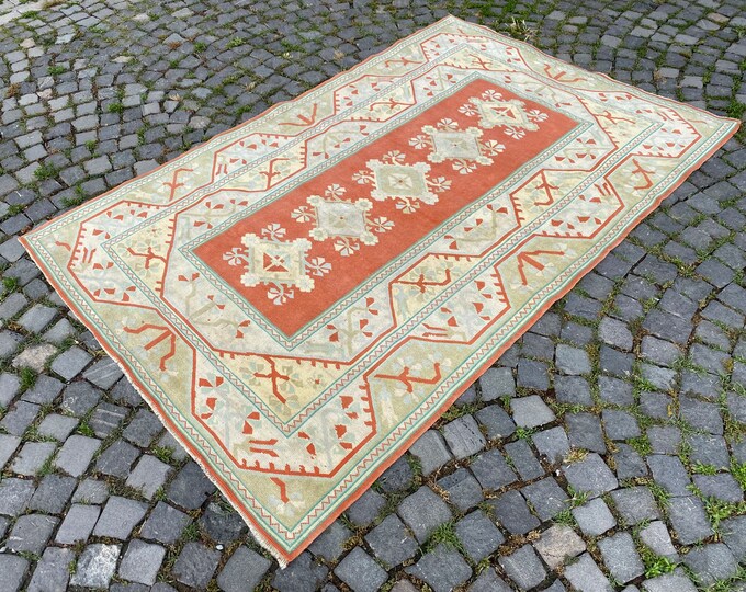 Oushak  rug, Turkish rug, Large rug, Vintage rug, Wool rug, Handmade rug, Carpet, Kilim, Home decor | 159 x 243 cm = 5,2 x 7,9 ft