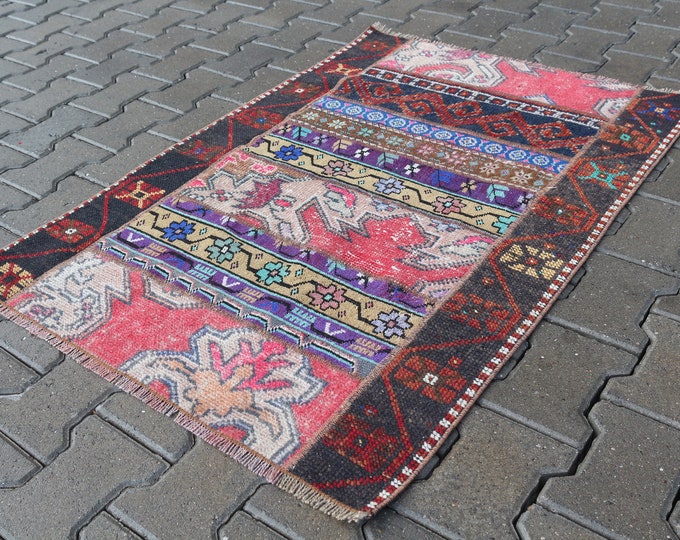 Turkish vintage handmade wool area patchwork rug  2.8 x 4.0 ft =  86 x 124 cm