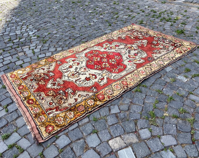 vintage rug  turkish rug vintage area rug antique rug  floral rug  gift for dad farmhouse rug gift for mom rugs for bedroom 4,3 x 7,7 ft