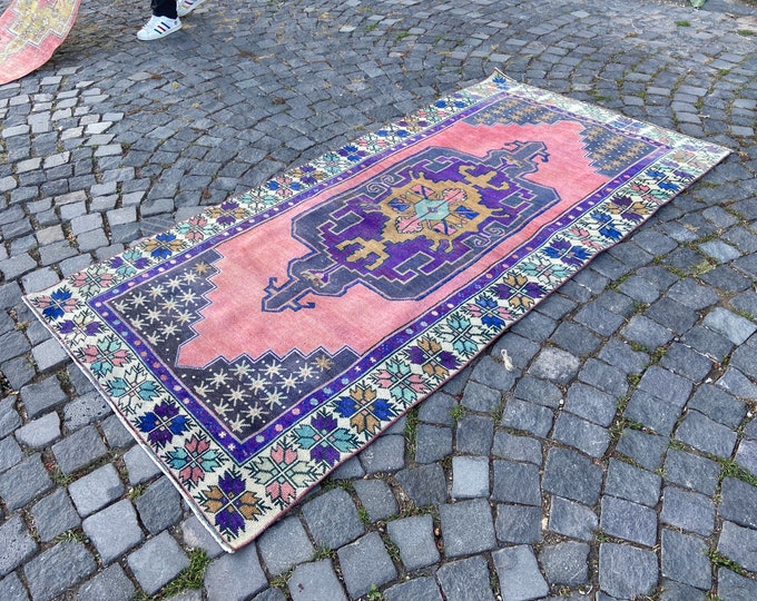 Pink Turkish rug, Vintage area rug, Home decor rug, Wool handmade rug, Bohemian kitchen rug | 115 x 225 cm = 3,7 x 7,3 ft