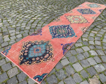 Vintage Turkish Runner Rug, Distressed Coral Medallion Hallway Rug