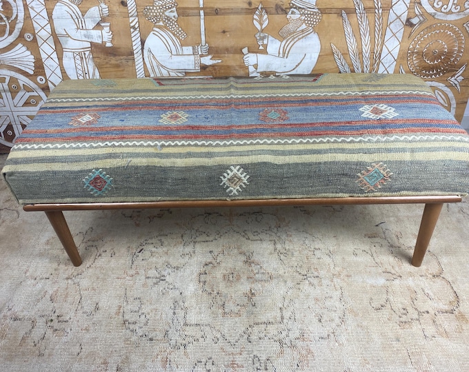 Tax Free Handmade Kilim Bench Ottoman: Vintage Upholstered Footstool