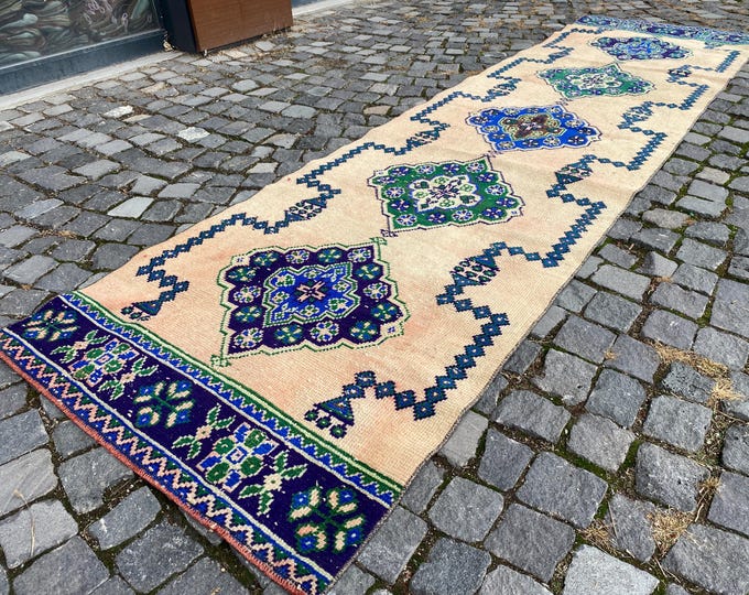 handmade area rug  turkish handmade rug bedroom rugs  turkish rug vintage area  antique rug  floral rug || 92 x 344 cm = 3,0 x 11, ft