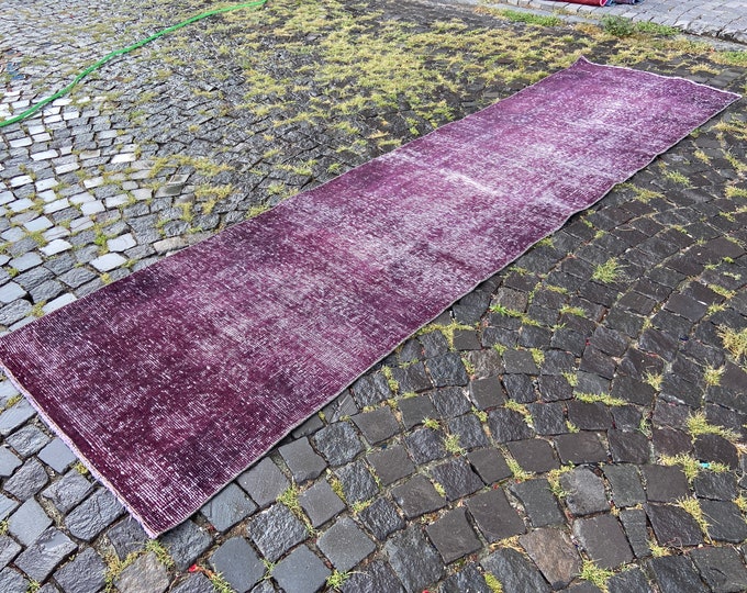 Over-dyed rug, Vintage rug, Turkish rug, runner rug, Hallway rug, Wool rug, Handmade rug, Carpet, Purple rug | 98 x 363 cm = 3,2 x 11,9 ft