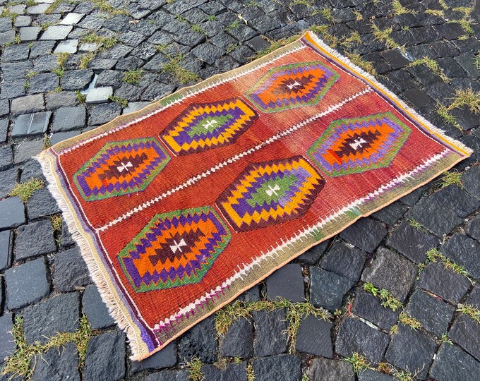 Boho rug, Turkish kilim, Natural dyed rug, Wool rug, Handmade kilim, Decor rug, Bohemian kilim,  Area kilim | 77 x 110 cm = 2,5 x 3,6 ft
