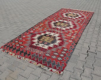 Turkish large Kilim, Turkish kilim rug, Kilim, Vintage kilim, Handmade kilim, Large kilim, Area wool kilim 142 x 350 cm = 4.6 ft x 11.3 ft