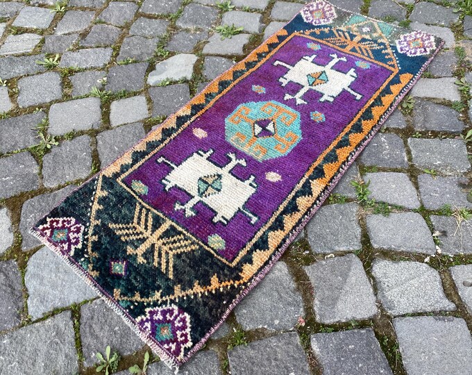 1,1 x 3,1 ft Turkish vintage small rug, Handmade wool rug, Bohemian area rugs, Doormats, Carpet, Bath mats
