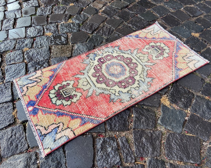 Turkish small rug, Handmade vintage carpet, Bohemian area rugs, Doormats, Bath mats, Organic wool rug | 41 x 88 cm = 1,3 x 2,8 ft