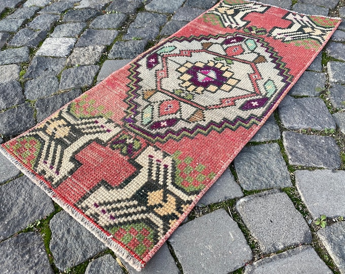 Vintage wool rug, Turkish rug, Bohemian small rug, Doormats, Blue oriental rug, Bath rug, Carpet, Kitchen rug | 39 x 90 cm = 1,2 x 2,9 ft