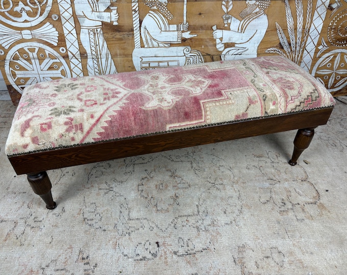 Handmade Ottoman Bench, Us Free Tax, 100% Hand-Woven Rug & Solid Hornbeam Wood, Vintage Turkish Style, Brass Studded, Entryway Seating