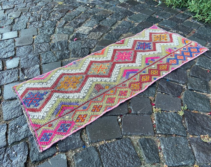 Kilim, Small Rug, Turkish rug, Vintage rug, Doormat, Home decor, Wool rug, Handmade rug, Carpet | 39 x 99 cm = 1,2 x 3,2 ft