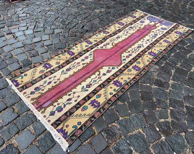 Patchwork runner rug, Turkish vintage rug, Hallway handmade wool carpet, Home decor kilim | 88 x 205 cm = 2,8 x 6,7 ft