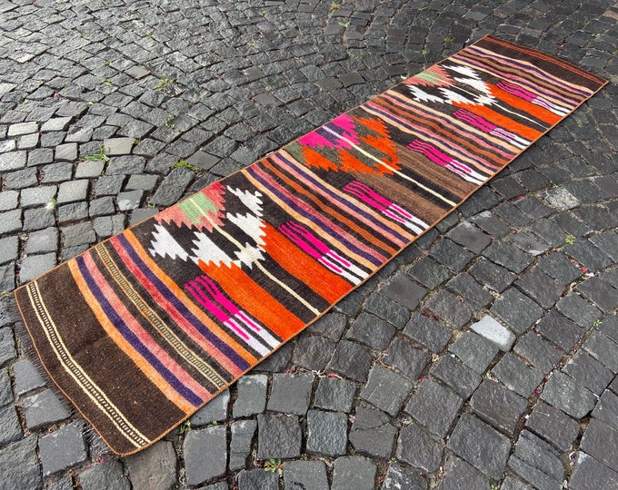 Turkish Kilim, Vintage kilim, Runner kilim, Wool kilim, Bohemian rug, Handmade kilim, Carpet, Hand knotted rug | 67 x 259 cm = 2,1 x 8,4 ft