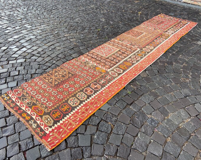 Anatolian rug, Vintage kilim, Bohemian rug, Kilim, Carpet, Handmade rug, Kitchen rug, Boho rug, Interior Décor | 95 x 390 cm = 3.1 x 12.6 ft