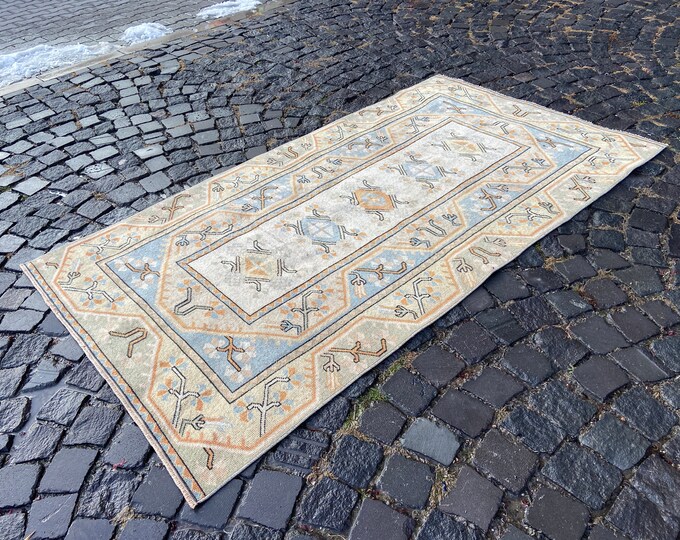 Pastel rugs, Handmade wool rugs, Bohemian area rugs, Turkish vintage rugs, Carpet, Kilim | 110 x 203 cm = 3,6 x 6,6 ft