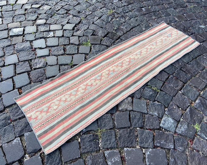 Turkish Kilim, Vintage kilim, Runner kilim, Wool kilim, Bohemian rug, Handmade kilim, Carpet, Hand knotted rug | 46 x 153 cm = 1,5 x 5,0 ft