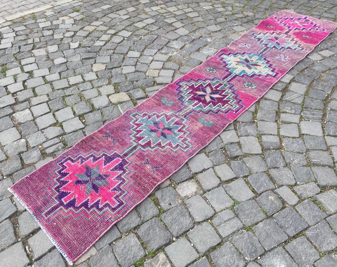 Turkish vintage rug, Carpet, Bohemian runner rug, Decor rug, Hand-knotted rug | 54 x 264 cm = 1,7 x 8,6 ft