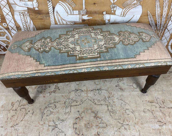Handmade Ottoman Bench, Us Free Tax, 100% Hand-Woven Rug & Solid Hornbeam Wood, Vintage Turkish Style, Brass Studded, Entryway Seating