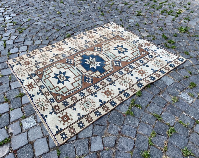 4 x 5 rug Turkish vintage rug, Brown handmade area rug, Bohemian wool rug, Turkish kilim, Kitchen rug, Entryway rug 124 x 158 cm