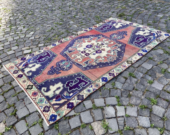 Area Rug, Turkish rug, Home decor, Vintage rug, Wool rug, Handmade rug, Carpet, Kilim, Bohemian rug | 124 x 233 cm = 4,0 x 7,6 ft