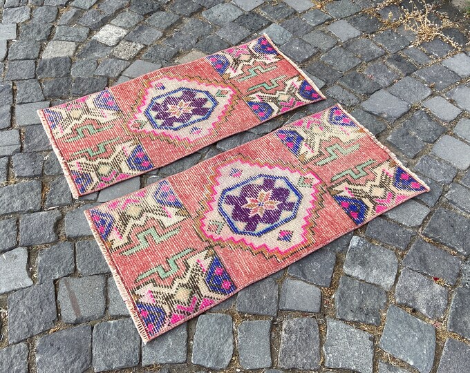 Pair of vintage rug, Small rug, Doormats, Bohemian rug, Turkish rug, Home decor, Handmade wool rug, Twin rug 38 x 80 cm = 1,2 x 2,6 ft