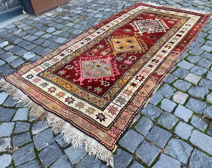 Turkish rug, Vintage rug,  Area rug , Wool rug,  Boho decor, Handmade Carpet | 107 x 207 cm = 3,5 x 6,7 ft