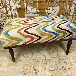 Vintage Needlepoint Footstool Ottoman, Colorful Zig Zag Design, Mid-Century Modern Style