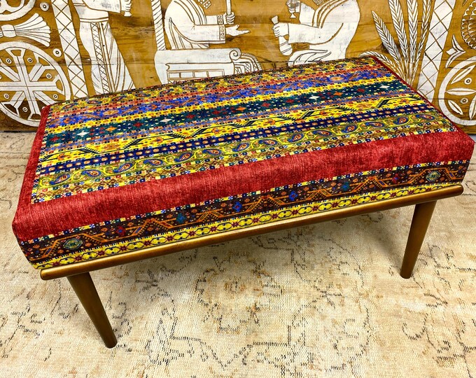 Handmade Ottoman, Bench, Custom Size, Turkish Rug Bench, Upholstered Bench, Boho Decor, Piano Seat, Dining Table Bench Bedroom Hallway Bench