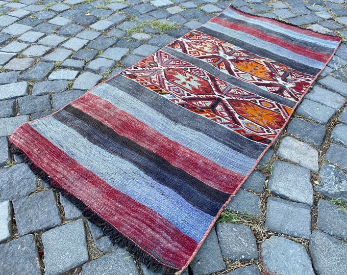 Ethnic rug, Interior Décor, Vintage rug, Kilim, Wool rug, Runner rug, Natural dyed rug, Hallway rug, Room decor | 62 x 133 cm = 2,0 x 4,3 ft