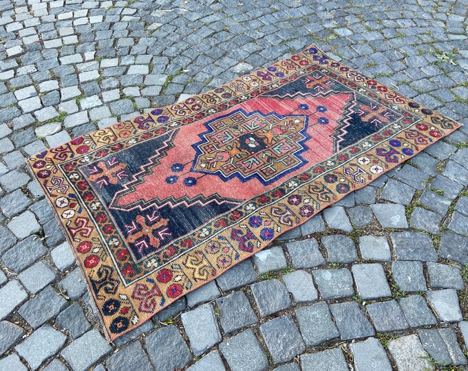 Red, Brown Turkish area rugs, Vintage kitchen rug, Bohemian wool rug, Home decor rug | 52 x 109 cm = 1,7 x 3,5 ft
