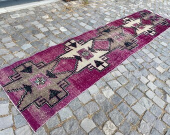 Vintage Turkish Runner Rug, Distressed Purple & Beige, Geometric Kilim Rug
