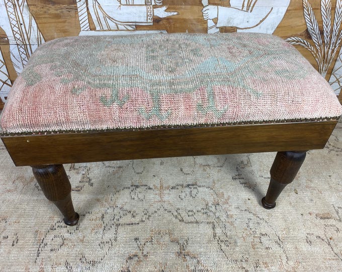 Handmade Ottoman Bench, Us Free Tax, 100% Hand-Woven Rug & Solid Hornbeam Wood, Vintage Turkish Style, Brass Studded, Entryway Seating