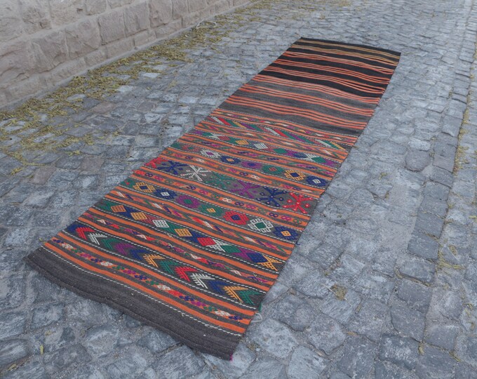 Vintage kilim, Anatolian rug, Bohemian rug, Kilim, Carpet, Handmade rug, Kitchen rug, Boho rug, Interior Décor | 88 x 333 cm = 2.8 x 10.9 ft