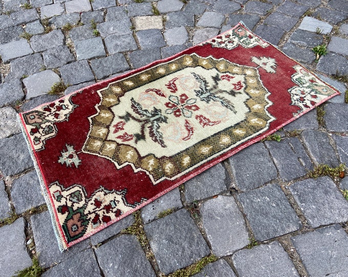 Bath rug, Small vintage rug, Ethnic Turkish rug, Wool handmade rug, Doormats, Carpet, 42 x 79 cm = 1,3 x 2,5 ft