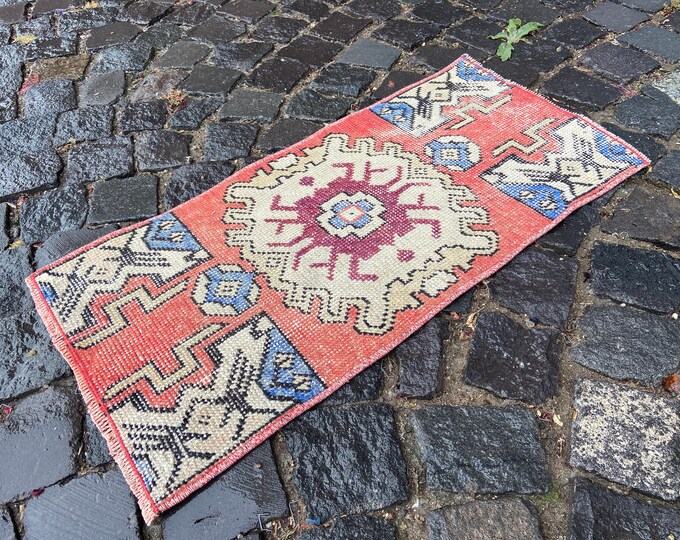 Carpet, Turkish rug, Small rug, Vintage rug, Kilim, Handmade rug, Bohemian rug, Wool rug, Home decor | 38 x 77 cm = 1,2 x 2,5 ft
