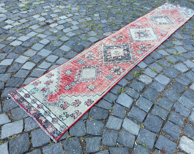 Vintage runner rug, Turkish wool rug, Handmade home decor, Natural dyed runner rug, Carpet | 53 x 281 cm = 1,7 x 9,2 ft