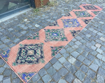 Vintage Turkish Runner Rug, Distressed Pink Hallway Rug, Geometric Entryway Carpet