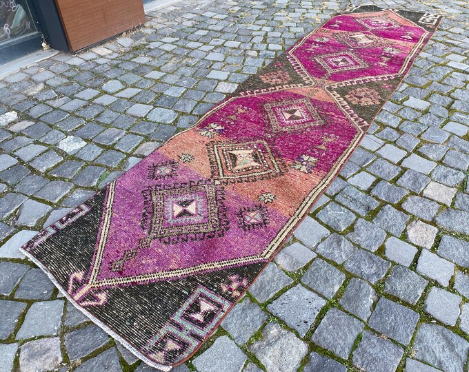 handmade area rug  turkish handmade rug bedroom rugs  turkish rug vintage area  antique rug  floral rug | 66 x 309 cm = 2,1 x 10, ft