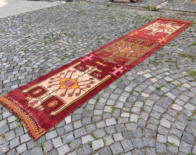 Handmade kilim, Turkish kilim, Runner kilim, Wool rug, Carpet, Hallway rug, Corridor rug, Entryway rug 100 x 470 cm = 3,2 x 15,4 ft