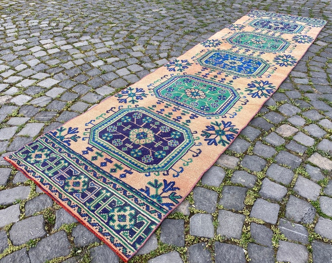 Turkish wool rug, Runner rug, Turkish rug, Vintage rug, Kitchen rug, Wool rug, Entryway rug, Natural dyed rug 78 x 307 cm = 2,5 x 10, ft