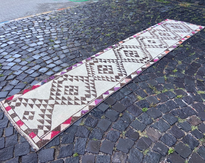 Kitchen rug, Wool rug, Runner rug, Handmade rug, Living room rug, Ethnic rug, Handknotted rug, Geometric rug | 75 x 344 cm = 2,4 x 11,2 ft