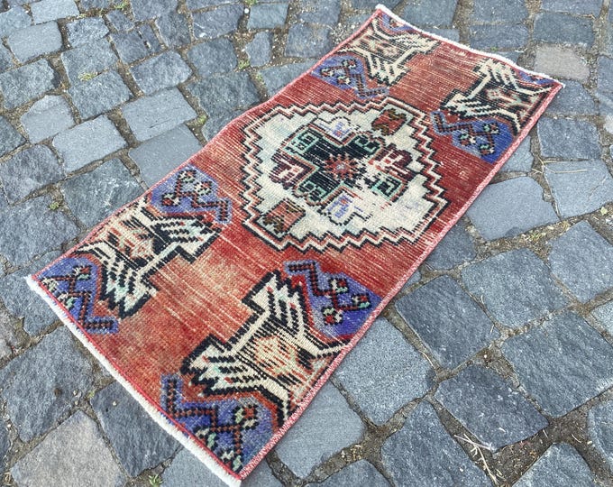 Carpet, Turkish rug, Small rug, Vintage rug, Kilim, Handmade rug, Bohemian rug, Wool rug, Home decor | 38 x 74 cm = 1,2 x 2,4 ft
