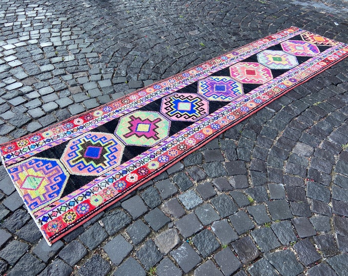 housewarming rug handmade rug turkish rug  rugs for bedroom vintage runner rug antique rug  floral rug  gift for 81 x 319 cm = 2,6 x 10,4 ft