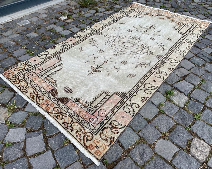 Green rug, Turkish vintage rug, Handmade wool rug, Area rug, Pastel rug, Decor rug, Carpet | 102 x 194 cm = 3,3 x 6,3 ft