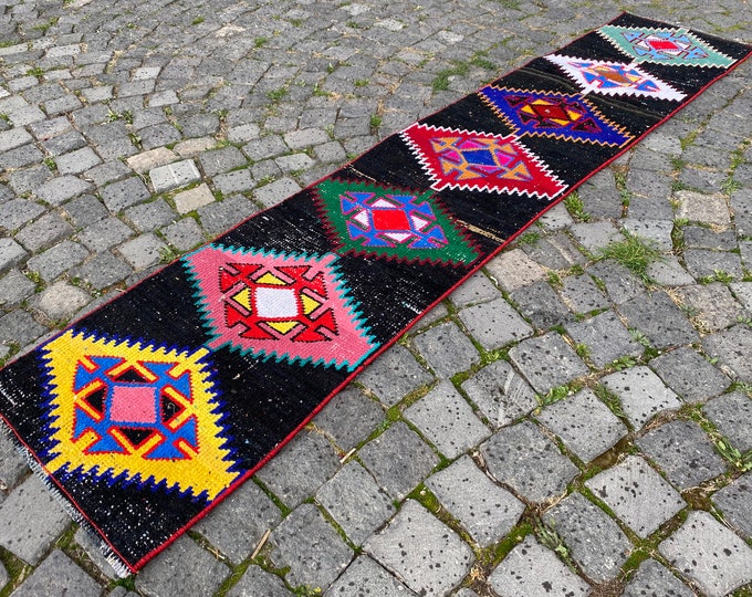 1 x 7 rug, Turkish vintage rug, Carpet, Bohemian runner rug, Decor rug, Hand-knotted rug | 48 x 228 cm = 1,5 x 7,4 ft