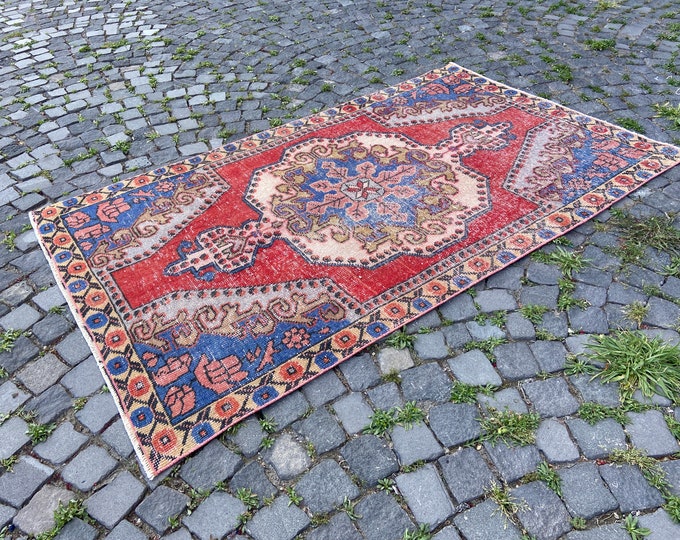 Wool rug 4x6, Turkish vintage rug, Handmade boho rug, Area rug living room, Kitchen rug carpet, 128 x 210 cm