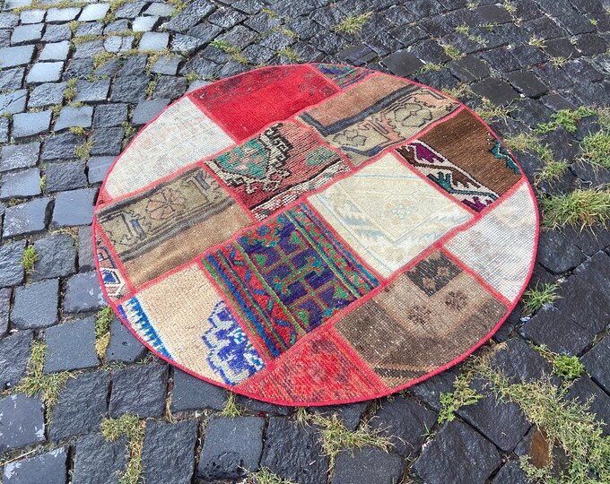 Patchwork rug, Circle rug, Turkish rug, Vintage rug, Area Rug, Home decor, Wool rug, Handmade rug, Carpet | 103 x 103 cm = 3,3 x 3,3 ft