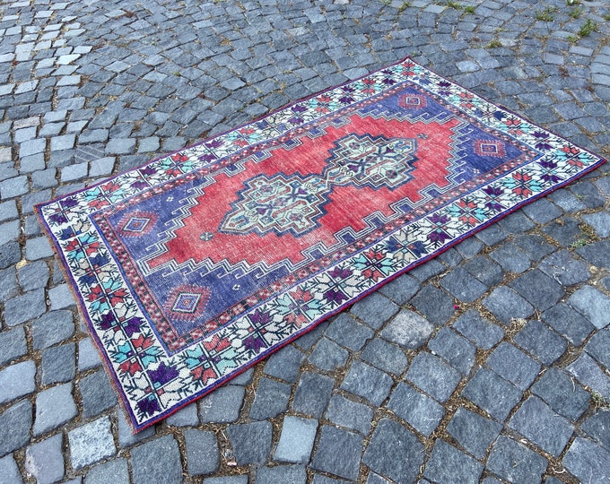 Bohemian wool rug, Handmade area rug, Turkish vintage rug, Ethnic rug, Vintage from 1970s, Entryway rug 99 x 172 cm = 3,2 x 5,6 ft