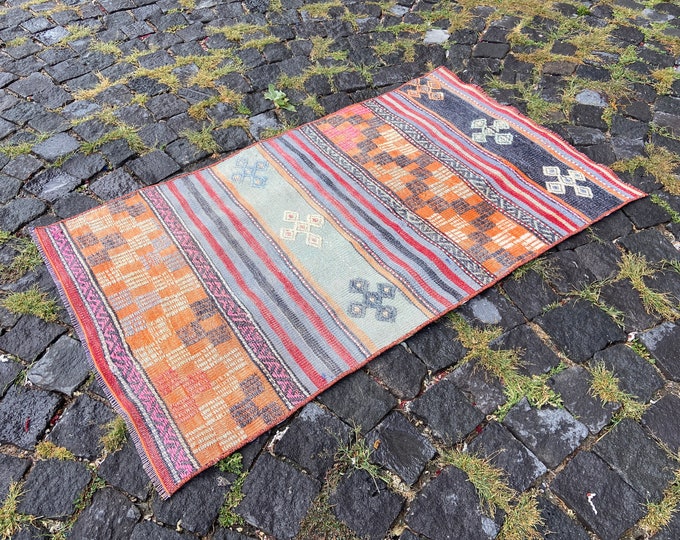 Striped kilim, Orange rug, Handmade rug, Vintage rug, Turkish rug, Decor rug, Kitchen rug, Entryway rug | 72 x 123 cm = 2,3 x 4,0 ft